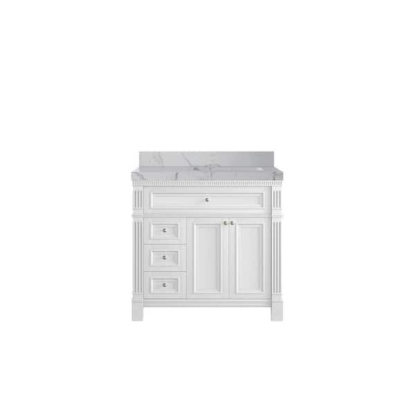 Willow Collections Paris 36 in. Right Offset Sink Freestanding White Bath Vanity with Venatino Quartz Top Unassembled