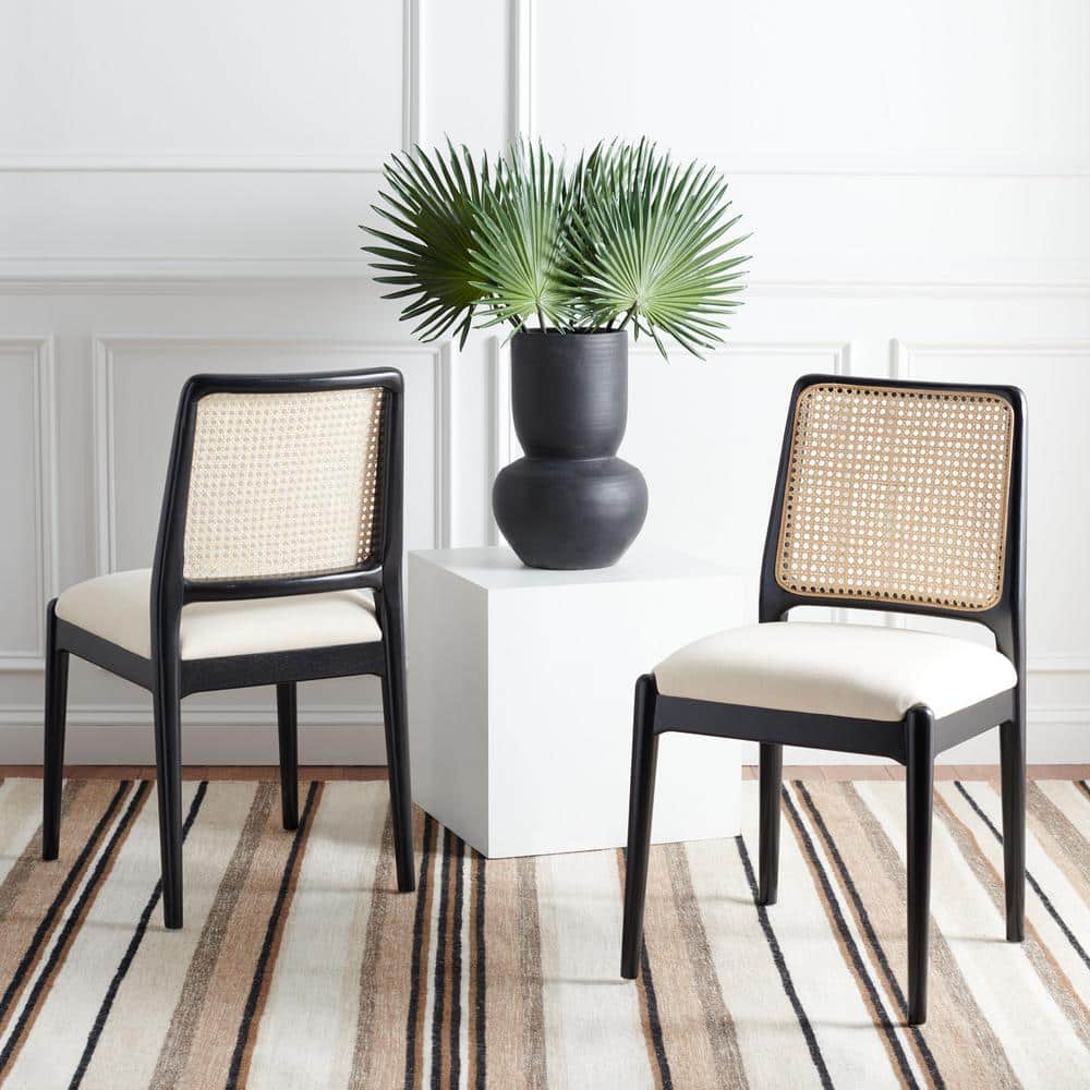Black and White Upholstered Cane Back Side Chairs, Set of 2