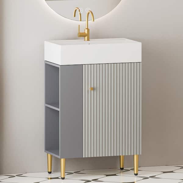 22 in. W x 12 in. D x 34 in. H Single Sink Bath Vanity in Grey with White Ceramic Top and Left Side Open Storage Shelves