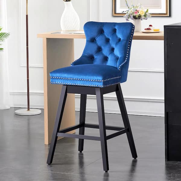 Hochwertiges 30 in. Blue Velvet Upholstered Solid Wood Frame Bar Height Swivel Bar Stool with Back (Set of 1)