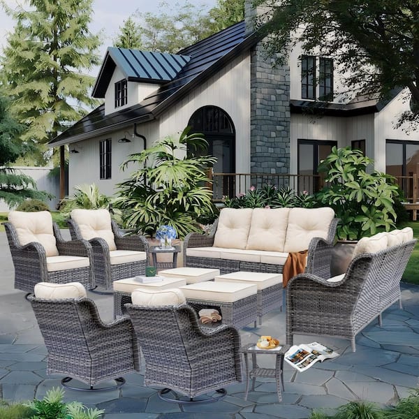 Gray 12-Piece Wicker Outdoor Patio Conversation Seating Sofa Set with Beige Cushions and Swivel Rocking Chairs