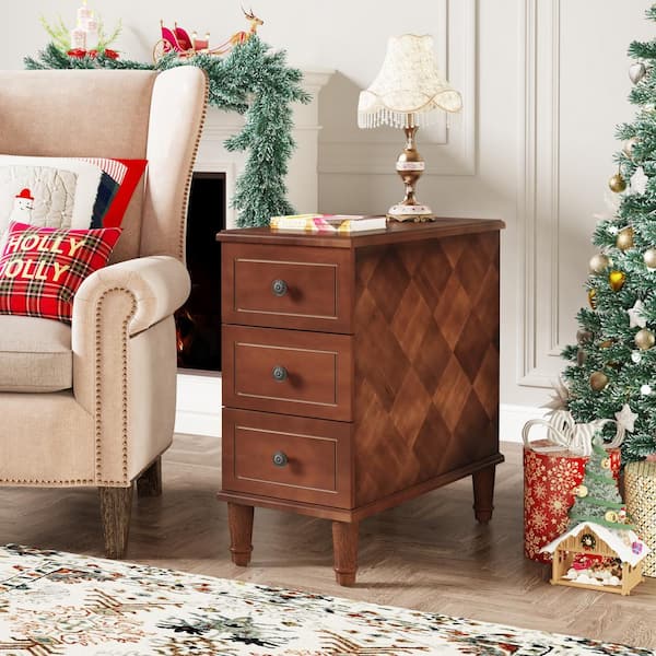 Calvin 11.81 in. W Assembled 3-Drawers Narrow Rectangle MDF Brown Wood Bedside End Side Table Set 2 Nightstand 2-Pieces