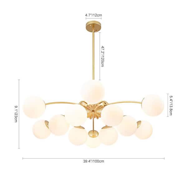 Ceder 12-Light 39.4 in.Dia Brass Modern Sputnik Chandelier Convertible to Semi Flush Mount Ceiling with Opal Globes
