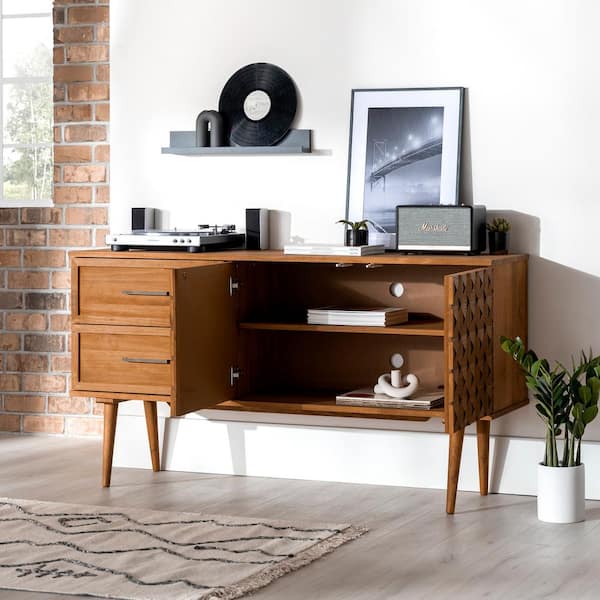 Caramel Solid Wood Boho Sideboard with 2-Prism Detail Doors and 2-Drawers