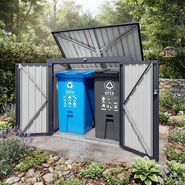 Gray 65 in. W x 38 in. D x 54 in. H Metal Outdoor Trash Can Storage Garbage Bin Shed 2-Trash Cans for Garden Yard Lawn