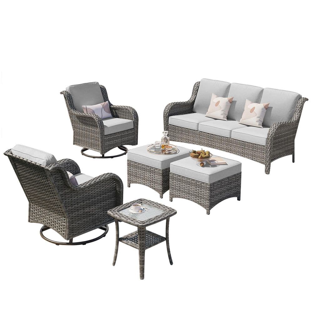 A 6-piece gray wicker patio furniture set isolated on a white background.