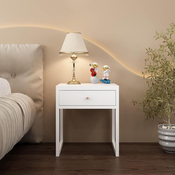 Modern White 1-Drawer Engineered Wood Nightstand, Bedside Table with Wood Knob