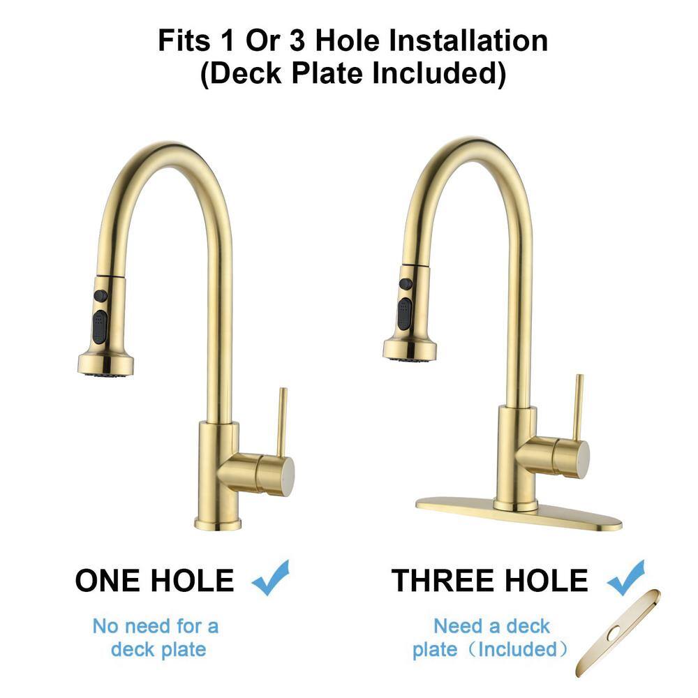 Brushed Gold Stainless Steel Pull Down Kitchen Faucet with Soap Dispenser