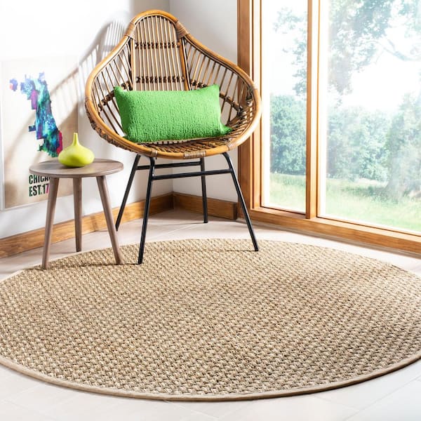 Natural Fiber Beige 4 ft. x 4 ft. Woven Border Round Area Rug