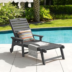 Hampton Dark Gray Plastic Outdoor Chaise Lounge Chair with Adjustable Backrest Pool Lounge Chair and Wheels Set of 1