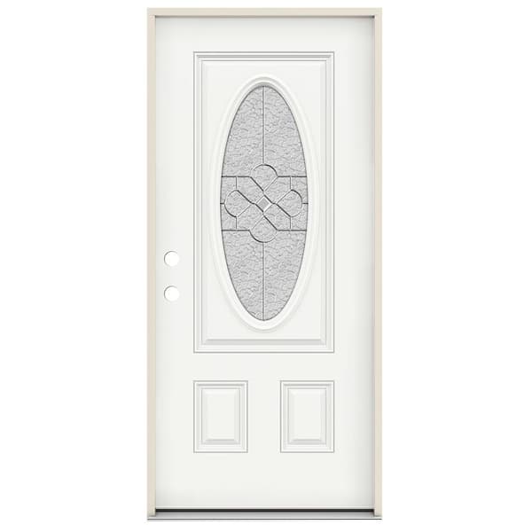 JELD-WEN 36 in. x 80 in. Right-Hand 3/4 Oval Brevard Glass Modern White Paint Fiberglass Prehung Front Door w/Rot Resistant Frame