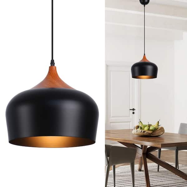 11.8 in. 1-Light Dome Pendant Light with Black Metal Shade, Industrial Adjustable Height Wood Chandelier Fixture