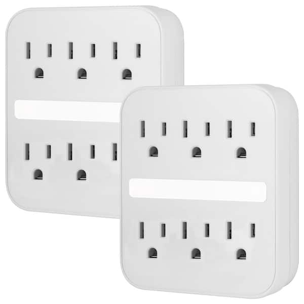 GE 6-Outlet Grounded Surge Protector Wall Tap Adapter with Light Sensing Night Light, (2-Pack)
