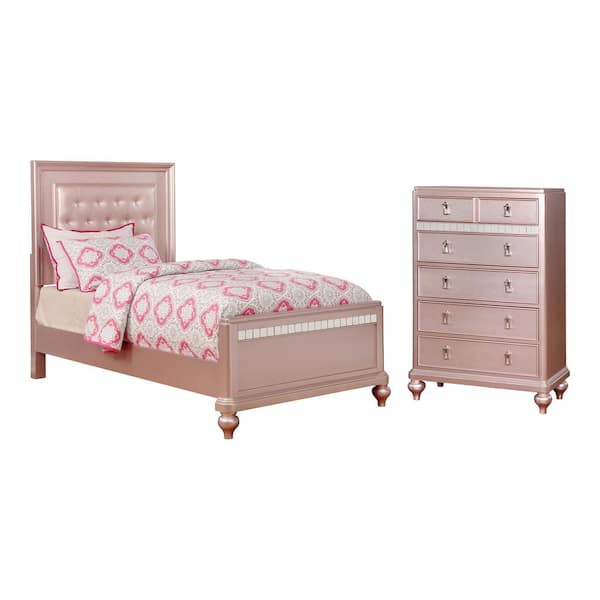 Furniture of America Stelna 2-Piece Rose Gold Wood Twin Bedroom Set, Bed and Chest