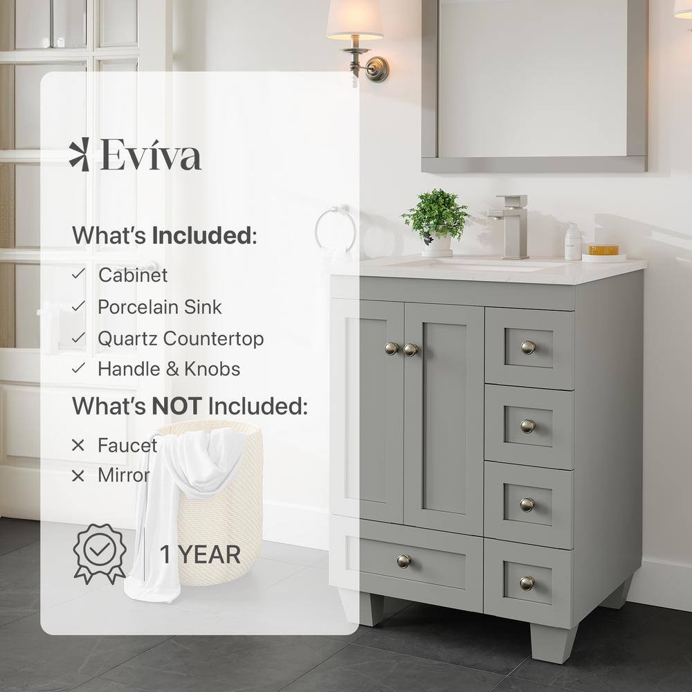 Gray Solid Wood Bathroom Vanity with White Quartz Top, 24-inch