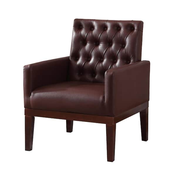 Unbranded 27 in. Brown Upholstered Leather Arm Chair with Wooden Legs