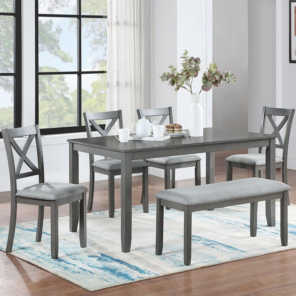 6PCs Kitchen Dining Set, Rectangular Wooden Dining Table with 4 Upholstered Chairs and a Bench, Gray