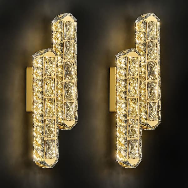 Home Lighting 16 in. Set of Two Gold Modern Bathroom Sconces LED Vanity Lights Oval Crystal Sconces for Bathroom Bedroom