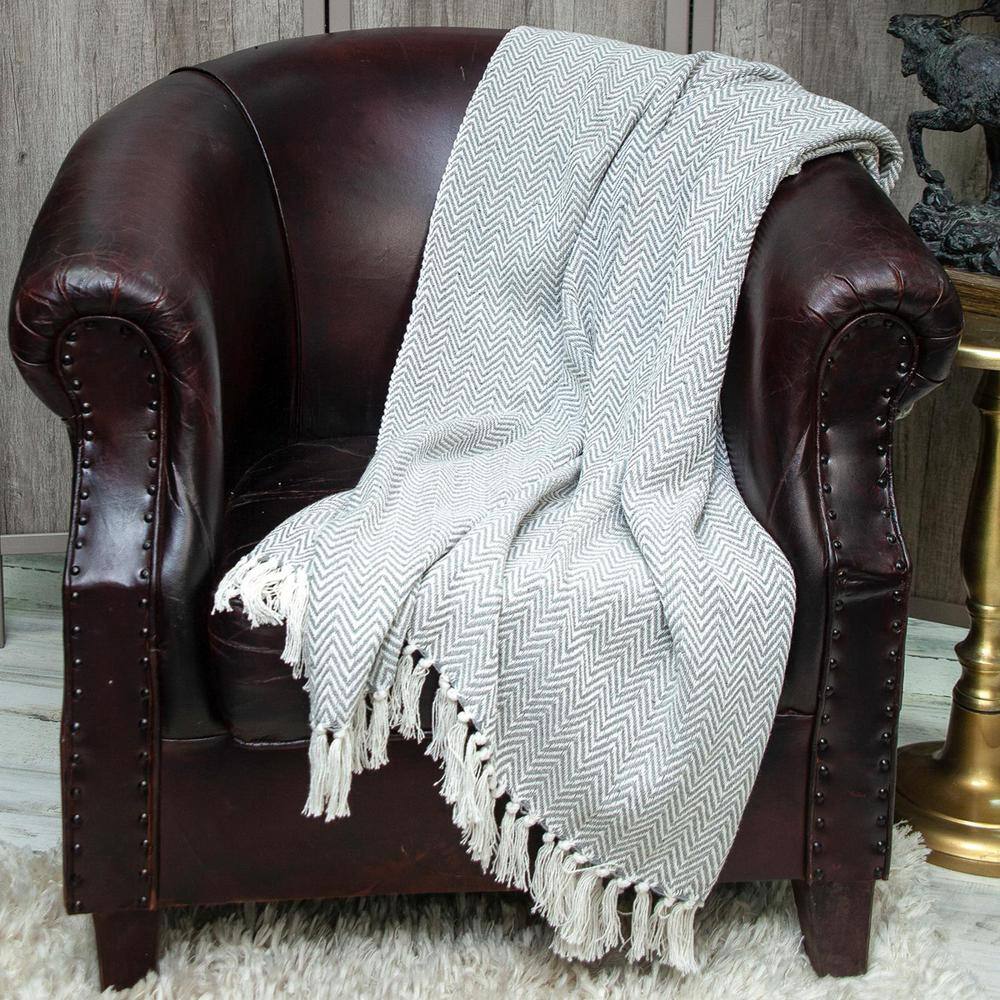 Gray and Off-White Hand Woven Cotton Throw Blanket