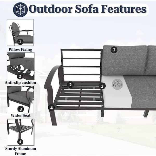 5-Piece Aluminum Patio Fire Pit Sectional Seating Set with armrest, Swivel Rocking Chairs,coffee table and Grey Cushions