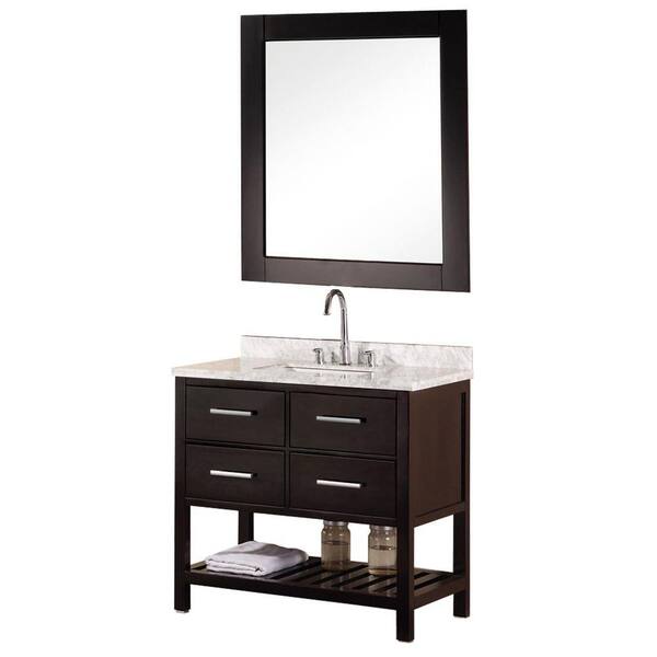 Design Element Mission 36 in. W x 22 in. D Vanity in Espresso with Marble Vanity Top and Mirror in Carrera White