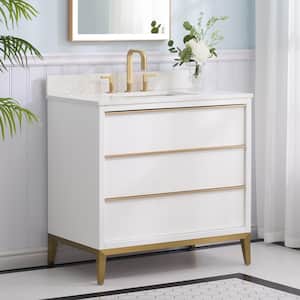 36 in. W x 22 in. D x 35 in. H Solid Wood Bath Vanity in White with White Quartz Top, Single Sink, Soft-Close Drawers