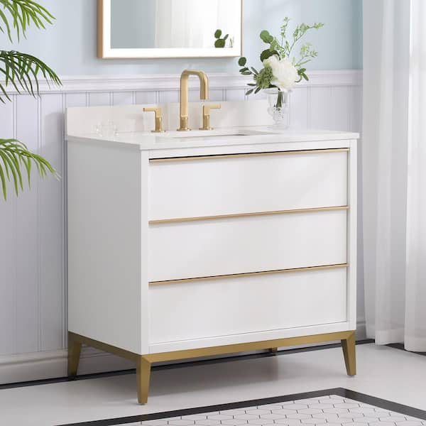 36 in. W x 22 in. D x 35 in. H Solid Wood Bath Vanity in White with White Quartz Top, Single Sink, Soft-Close Drawers