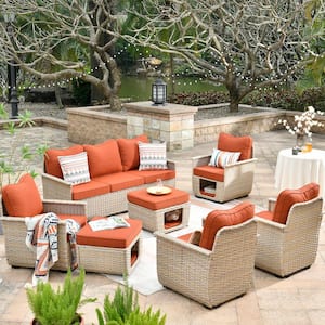 Sierra Beige 7-Piece Wicker Outdoor Patio Conversation Sofa Seating Set with Pet House/Bed and Orange Red Cushions