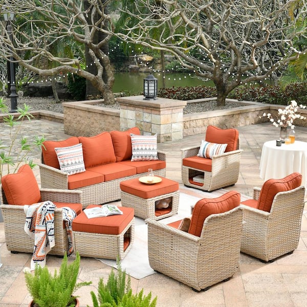 HOOOWOOO Sierra Beige 7-Piece Wicker Outdoor Patio Conversation Sofa Seating Set with Pet House/Bed and Orange Red Cushions