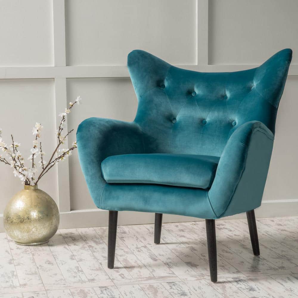 Dark Teal Velvet Wingback Accent Chair with Wood Legs