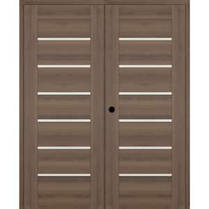 Vona 07-02 64 in. x 96 in. Right Active 6-Lite Frosted Glass Pecan Nutwood Wood Composite Double Prehung Interior Door