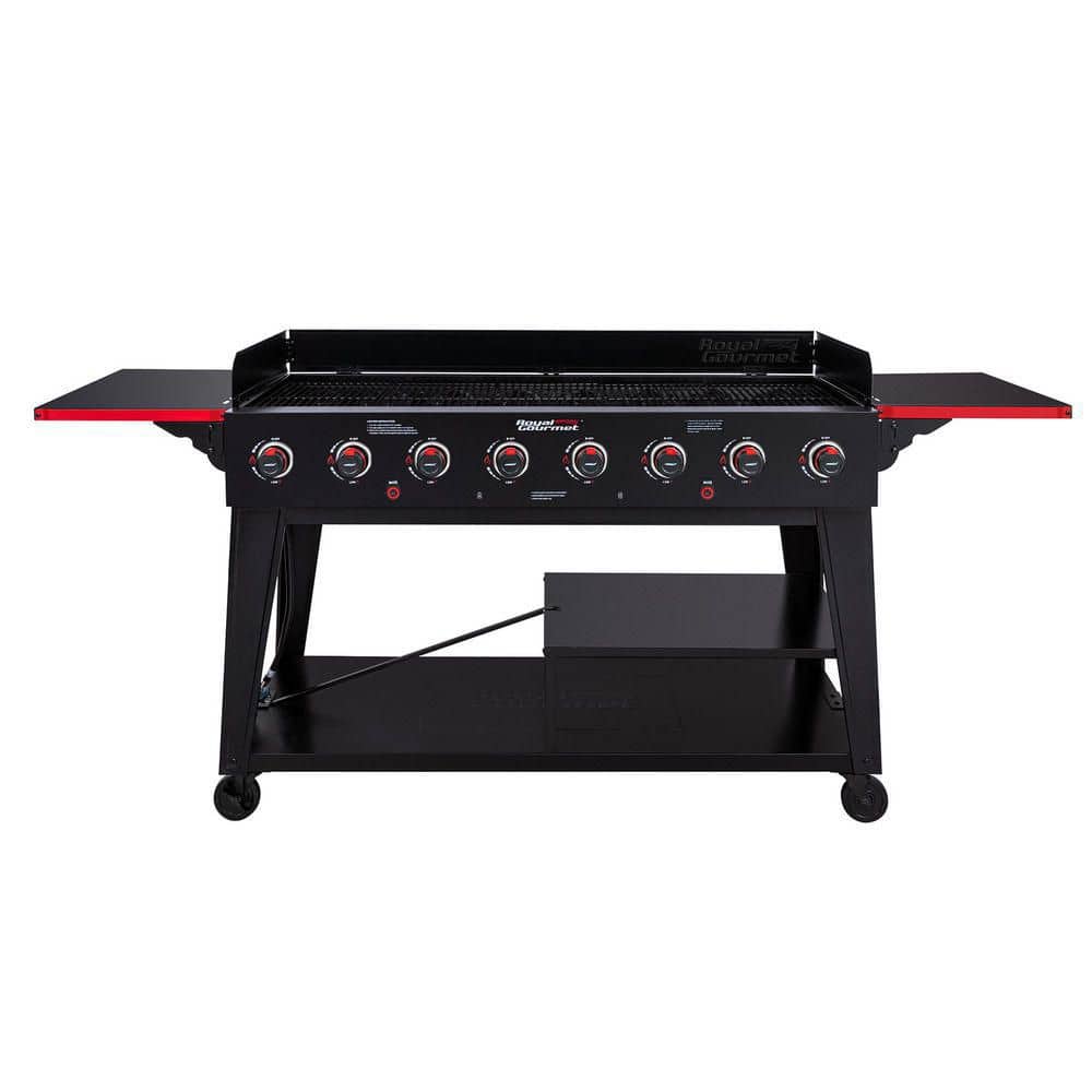 8-Burner Event Propane Gas Grill with 2 Folding Side Tables in Black