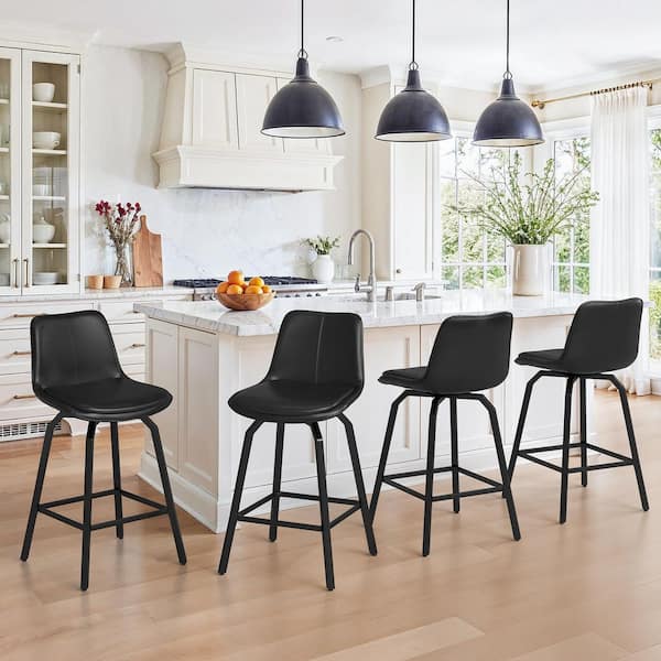 37 in. YANNIS Black Faux Leather Swivel Bar Stool Metal Frame Double-cushioned Counter Height Stool (Set Of 4)