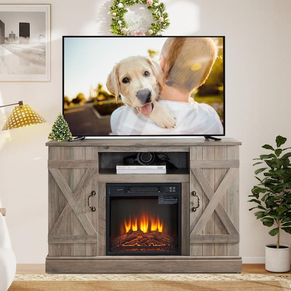 47 in. Freestanding TV Stand with 18 in. Electric Fireplace Insert for 50 in. TVs, Gray Farmhouse, Adjustable Shelves