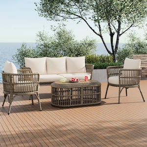 4 Piece Brown Gray Wicker Outdoor Patio Conversation Set with Beige Cushions and Acacia Wood Coffee Table