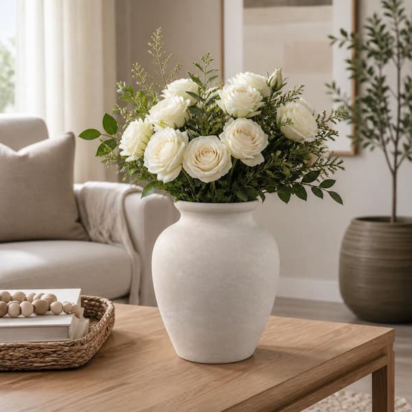 10.5 in. Beige/Ivory Ceramic Traditional Round Decorative Vase