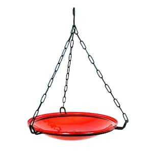 14 in. Dia Red Reflective Crackle Glass Hanging Birdbath Bowl