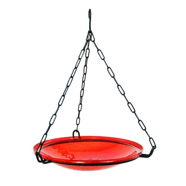 ACHLA DESIGNS 14 in. Dia Red Reflective Crackle Glass Hanging Birdbath Bowl