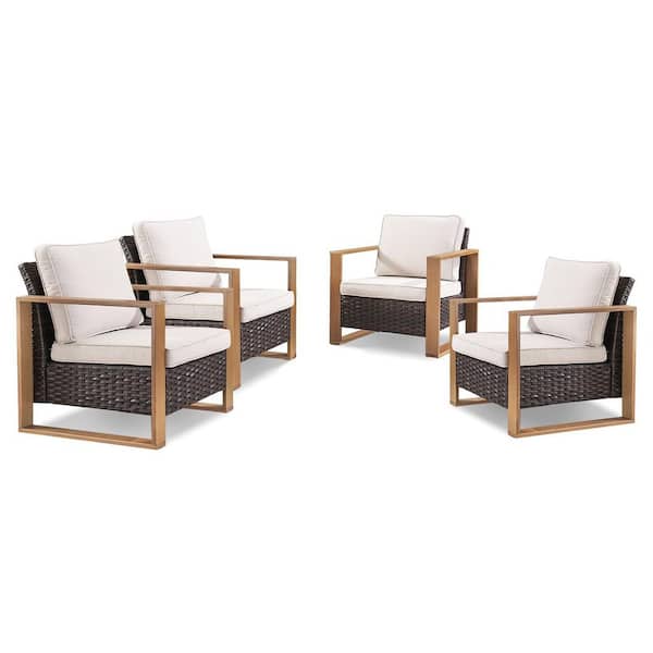 CubeEdge Porch Brown Wicker Outdoor Lounge Chair with Olefin Beige Cushions and 4 in. Wide Armrest (4-Piece)