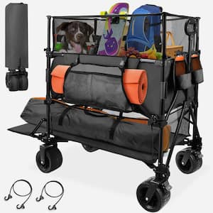 20 cu. ft. Black Metal Garden Cart Double Decker Wagon Cart with Wheels Foldable, 550L Large Capacity Collapsible Wagon