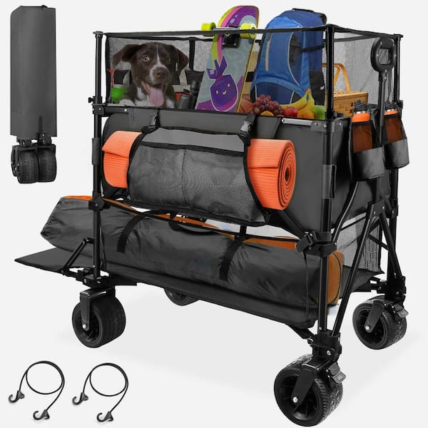 SEEUTEK 20 cu. ft. Black Metal Garden Cart Double Decker Wagon Cart with Wheels Foldable, 550L Large Capacity Collapsible Wagon