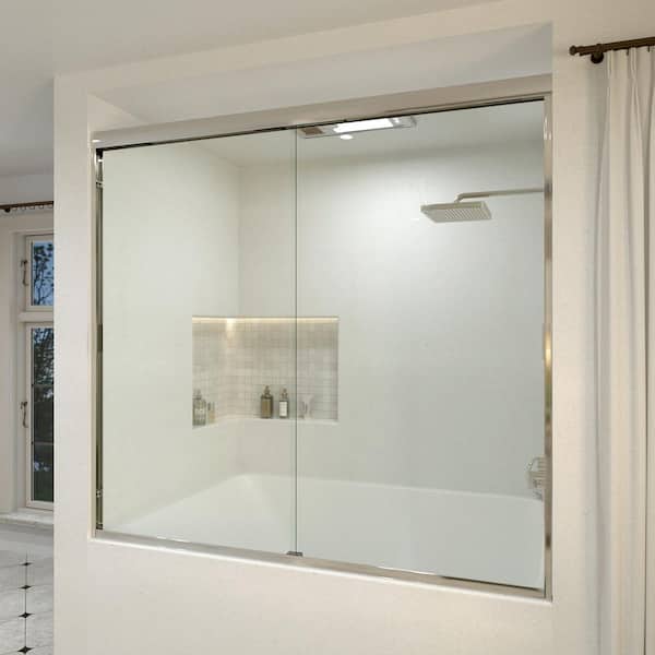 Nebula 60 in. W x 56 in. H Sliding Bath Tub Door in Semi Frameless in Silver with Clear Glass