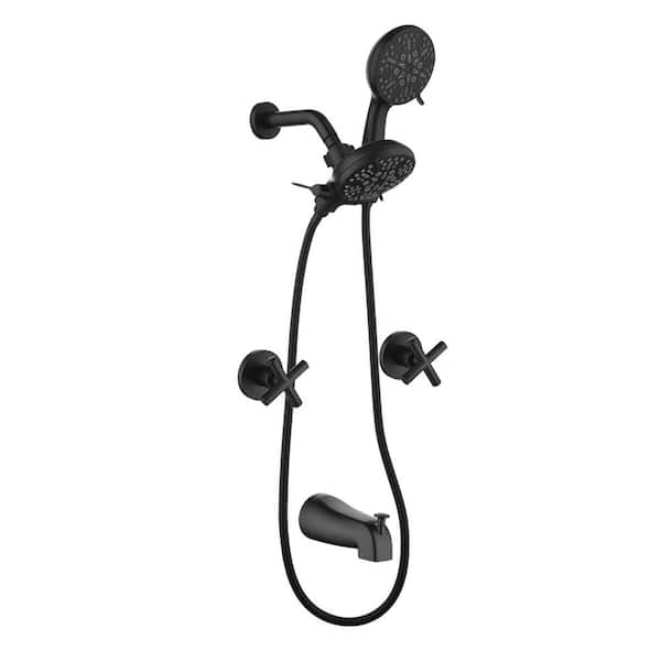 2 Handle 7-Spray Tub and Shower Faucet 1.8 GPM 2-in1 Dual Head Wall Mount Shower System in Matte Black Valve Included