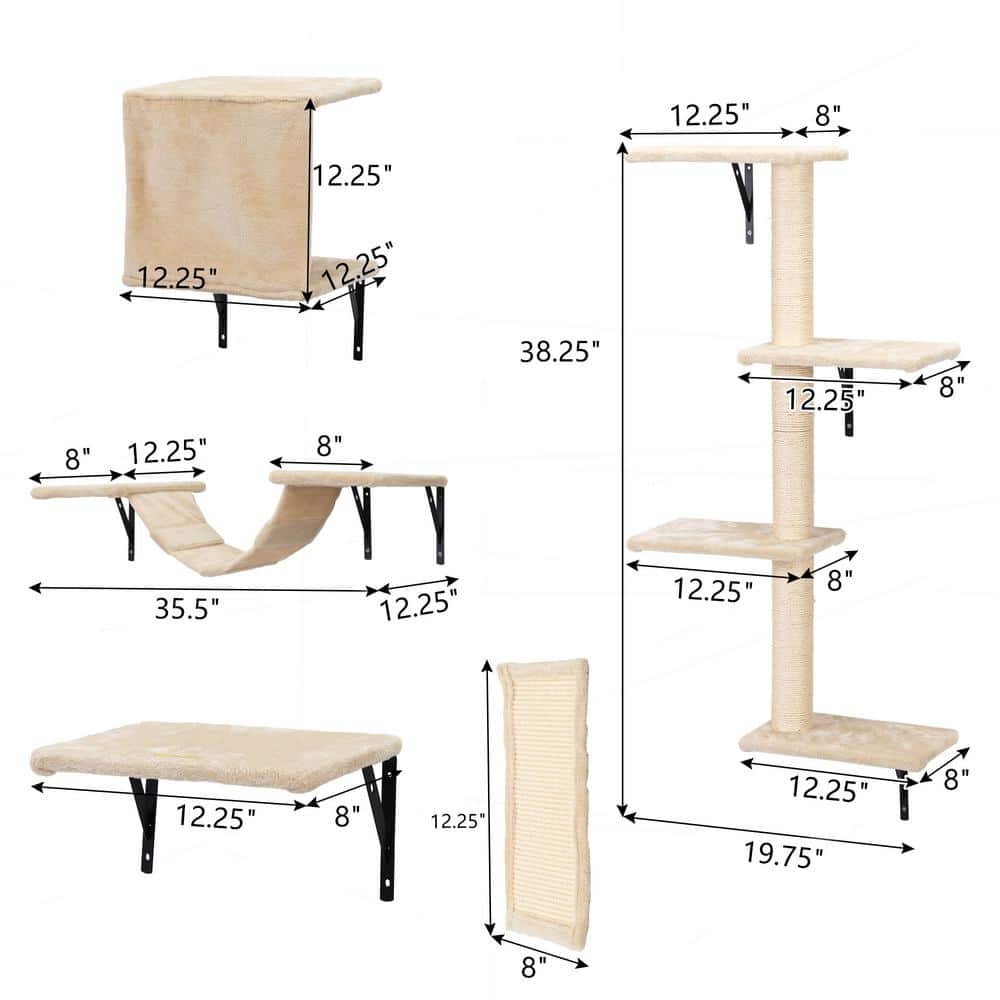 Beige Wall Mounted Cat Tree Set with Sisal Posts