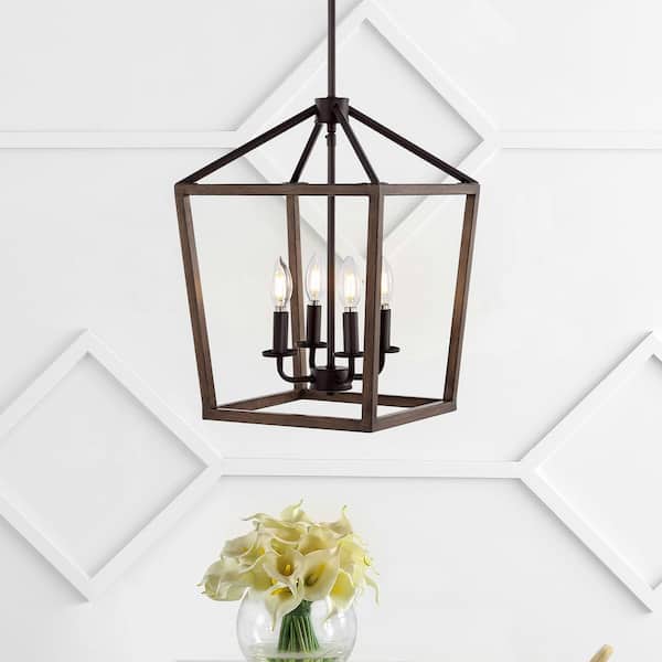 JONATHAN Y Oria 13 in. 4-Lights Oil Rubbed Bronze/Faux Wood Iron Farmhouse Industrial Lantern LED Pendant