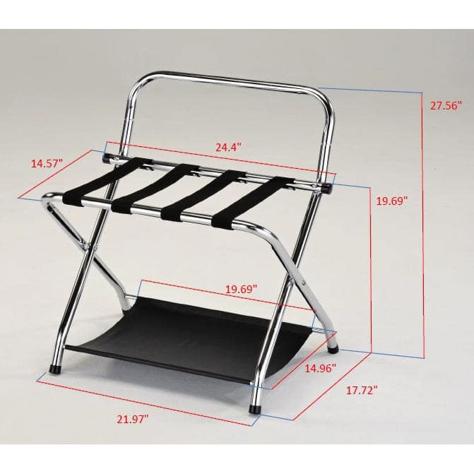 Chrome Folding Luggage Rack with Black Nylon Straps and Storage Shelf