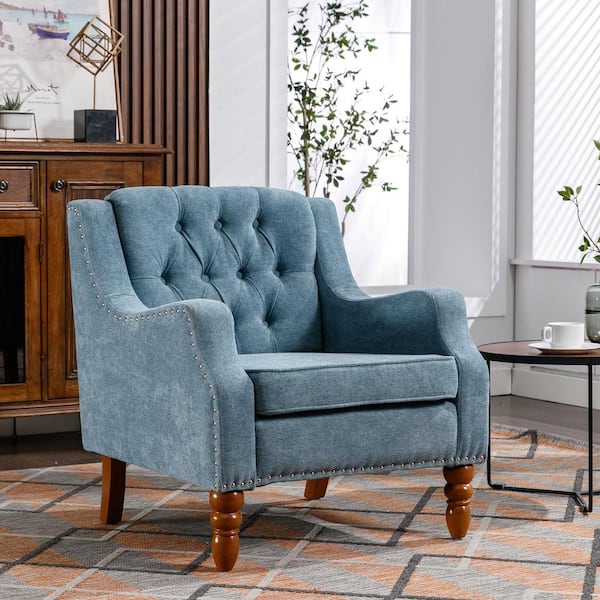 Uixe Vintage Blue Button Tufted Upholstered Accent Armchair with Wooden Legs (Set of 1)