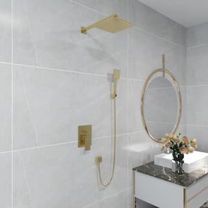 1-Spray Patterns 9 in. Wall Mount Square Dual Shower Heads High Pressure Shower Faucet in Brushed Gold(Valve Included)