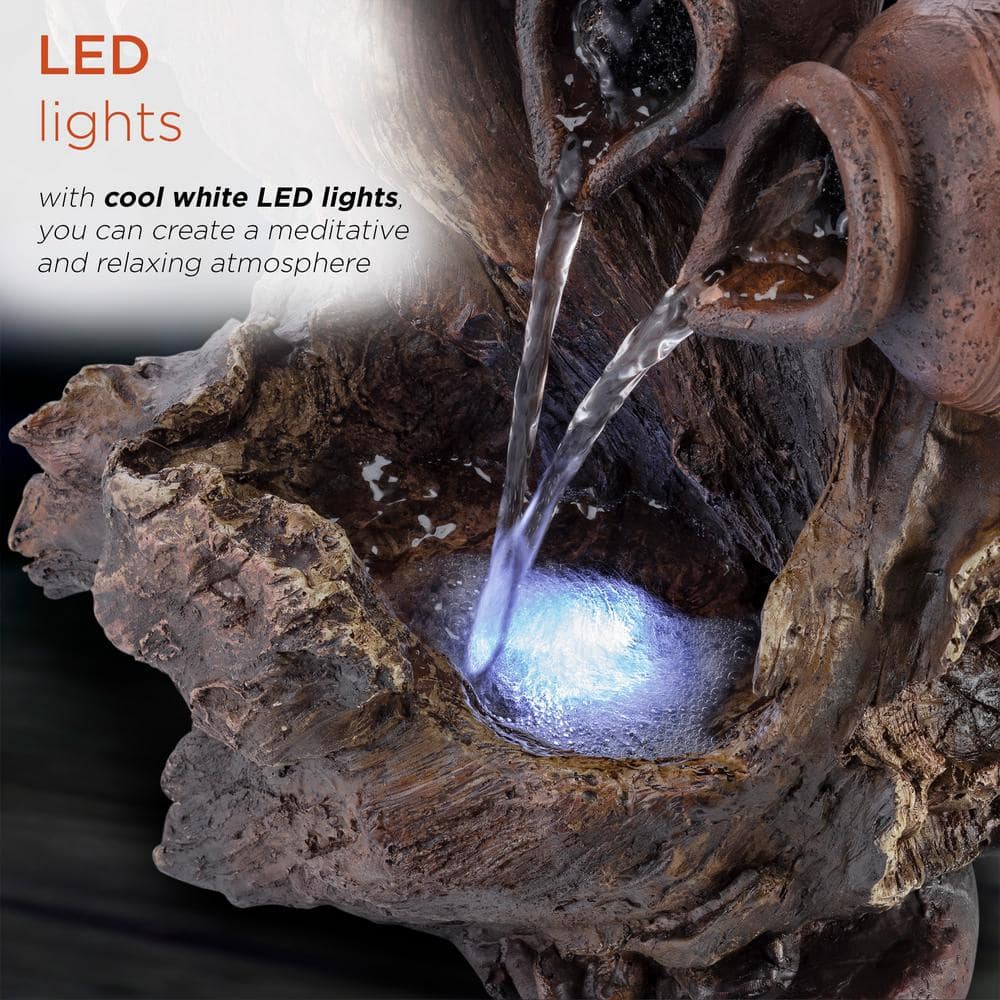 Rustic Brown Fiberglass Tabletop Fountain with LED Lights