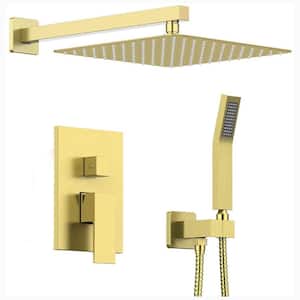 1-Spray Square High Pressure 12 in. Shower Head Brass Wall Bar Shower Kit with Hand Shower in Brushed Gold